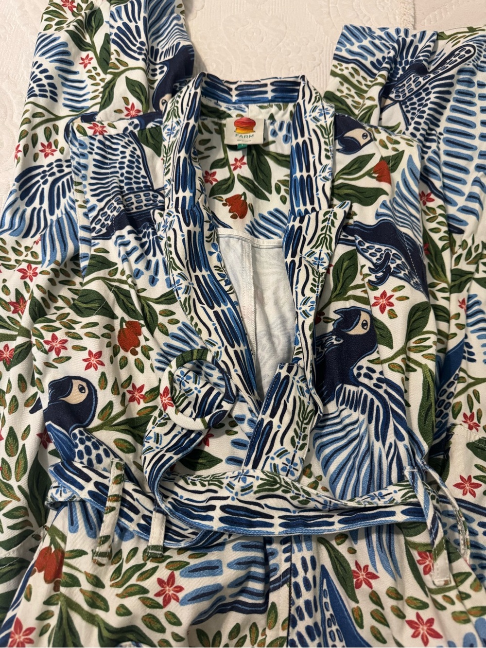 FARM Rio Blue Bird-Print Sleeveless Jumpsuit with Green Foliage with Belt